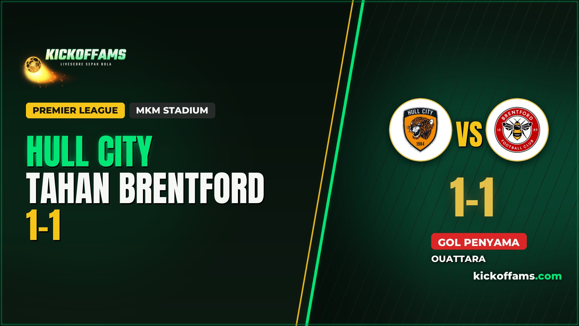 Hull City Tahan Brentford 1-1, Ouattara Selamatkan The Bees